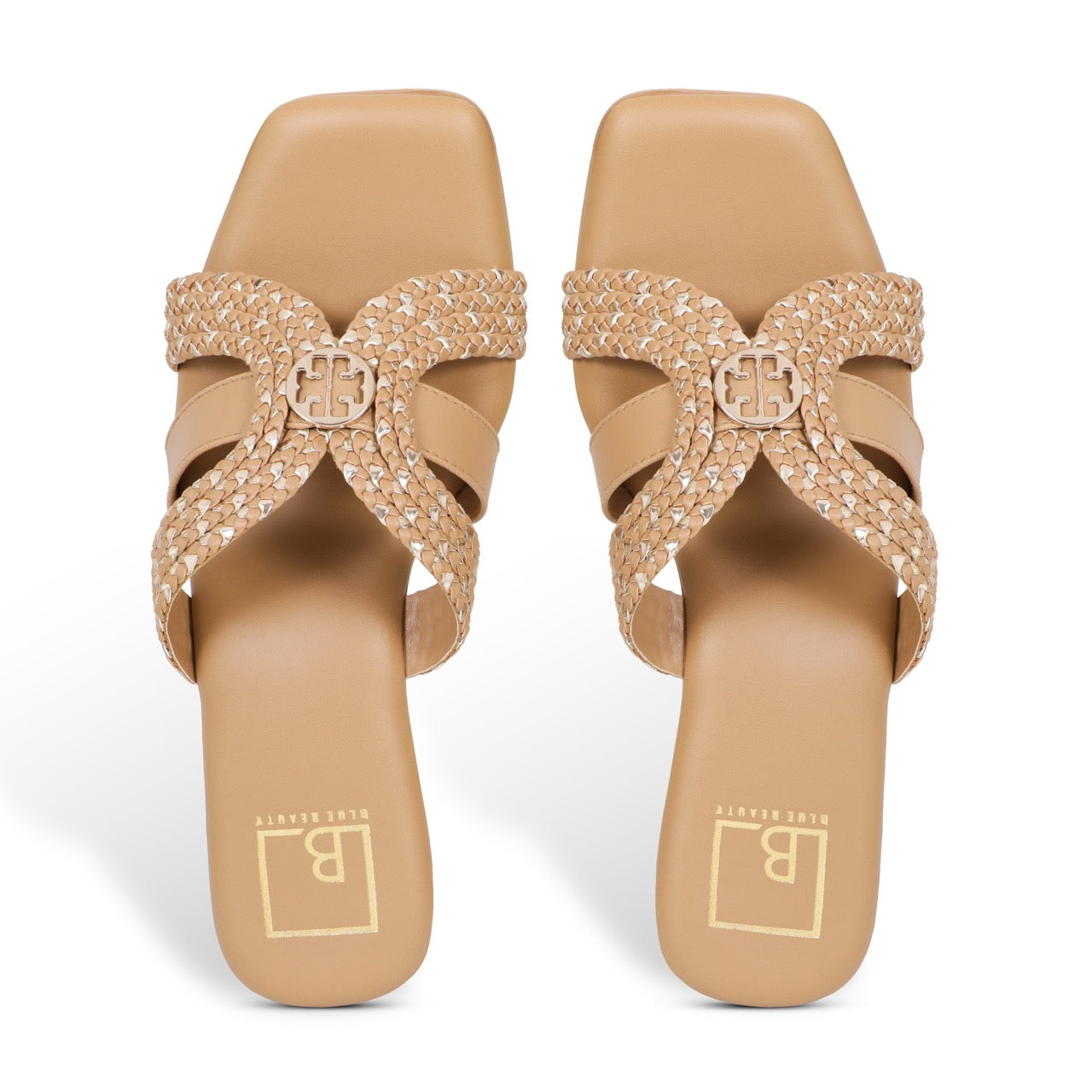Woven Block Heels with Buckle Accent Beige