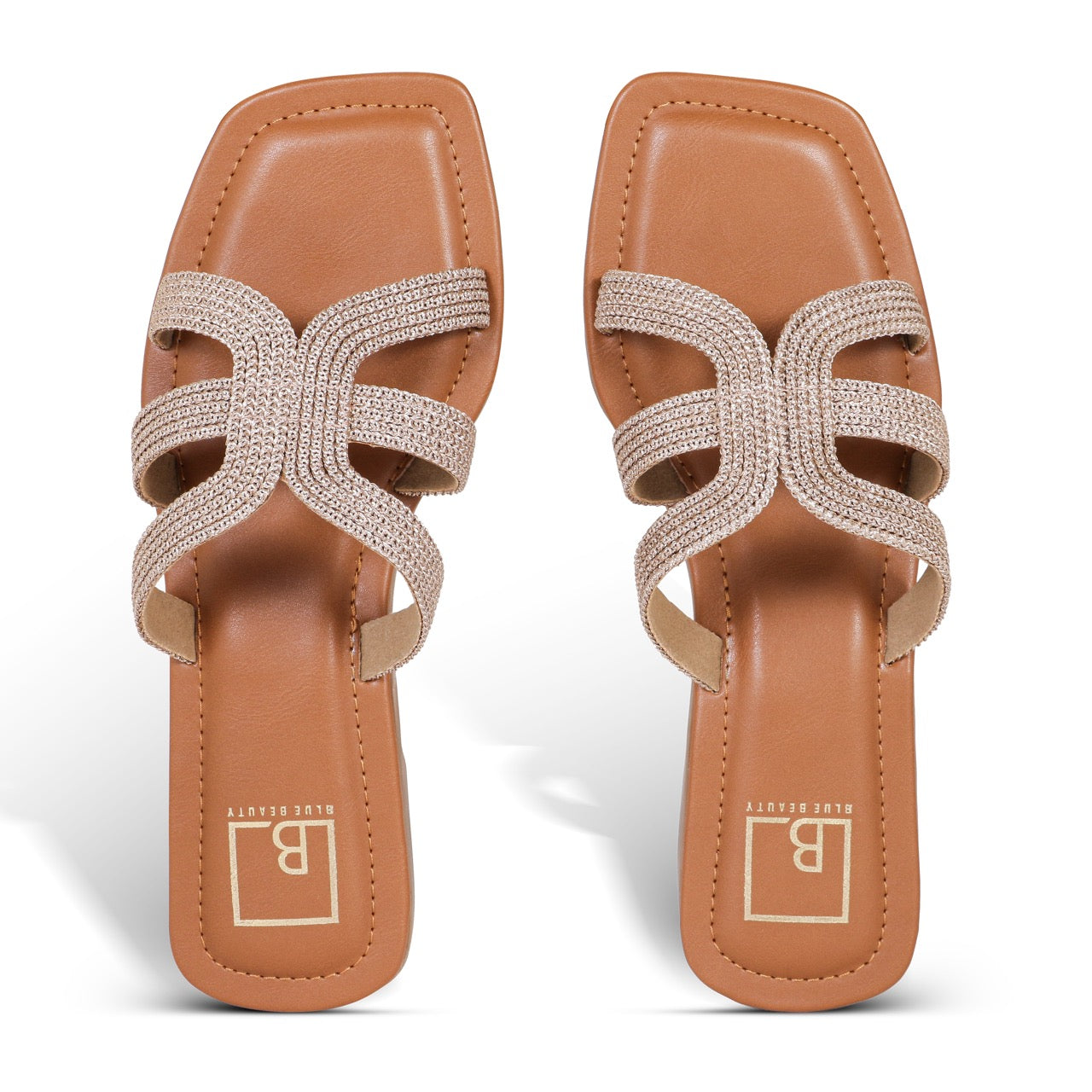 Woven Strap Square-Toe Flat Sandals Rose Gold