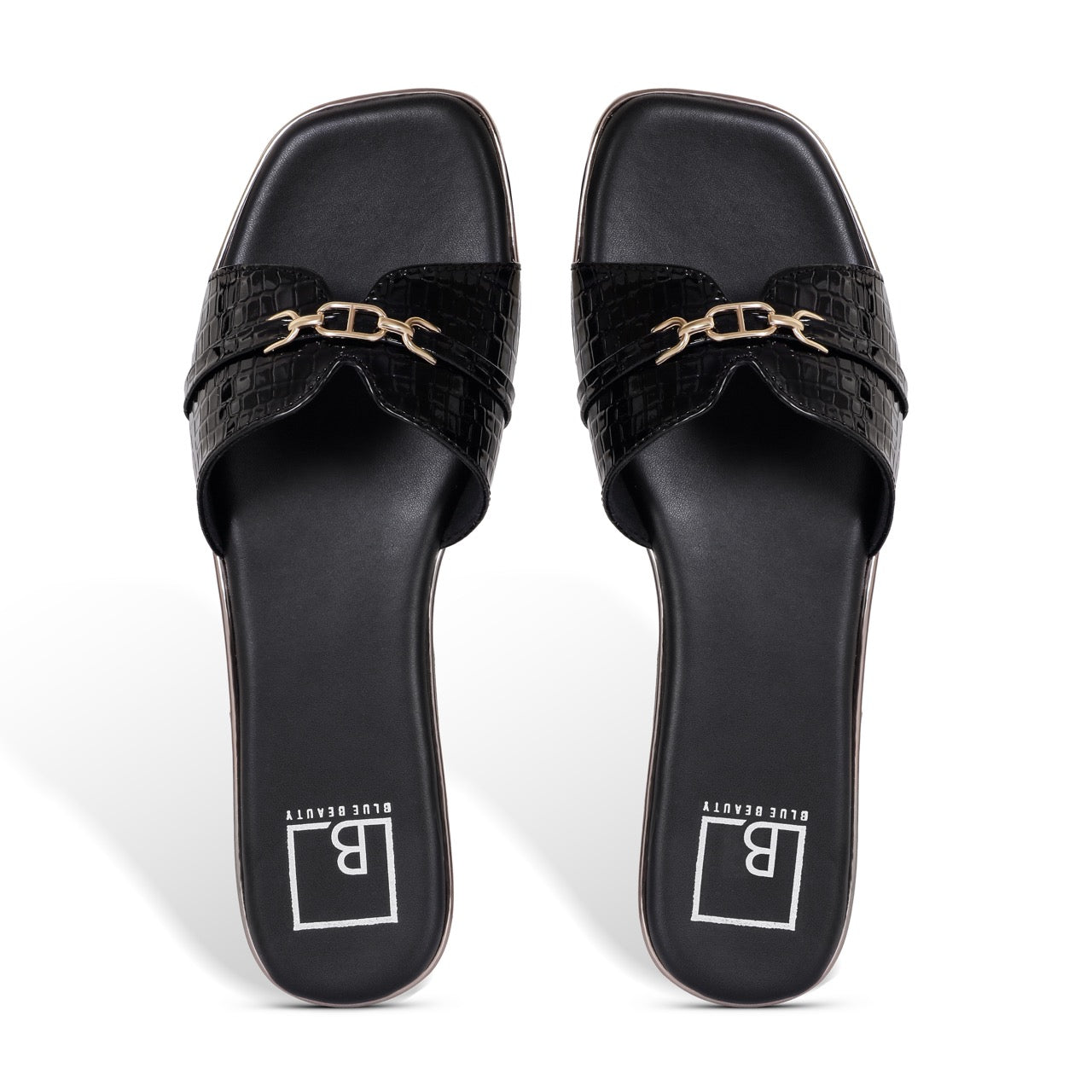 Croc-Texture Slip-On Flat Sandals Black