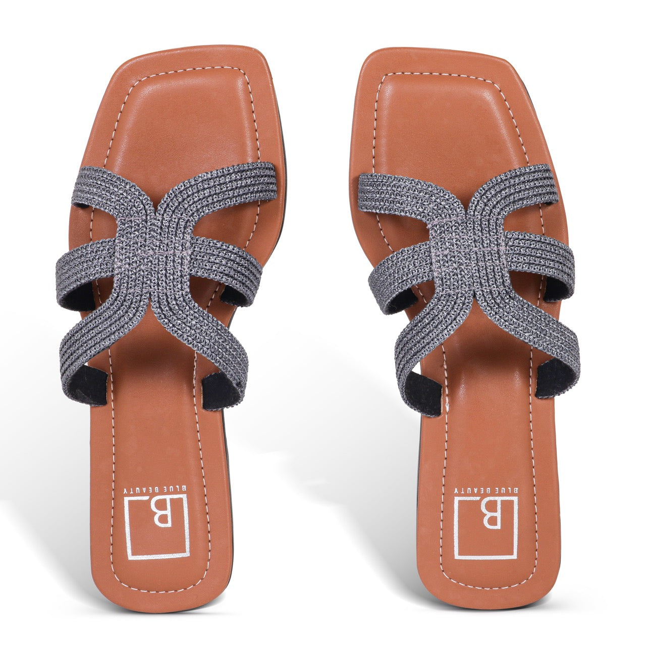 Woven Strap Square-Toe Flat Sandals Grey