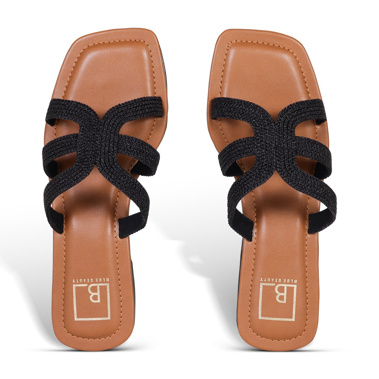 Woven Strap Square-Toe Flat Sandals Black