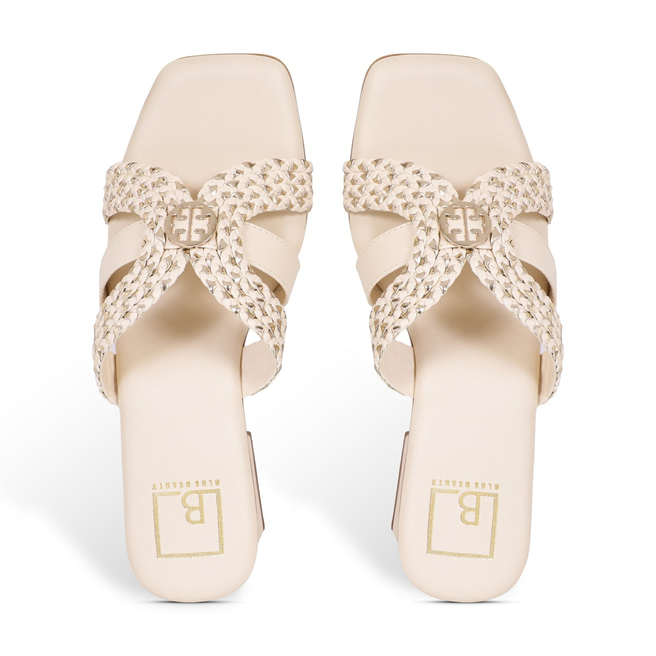 Woven Block Heels with Buckle Accent Cream