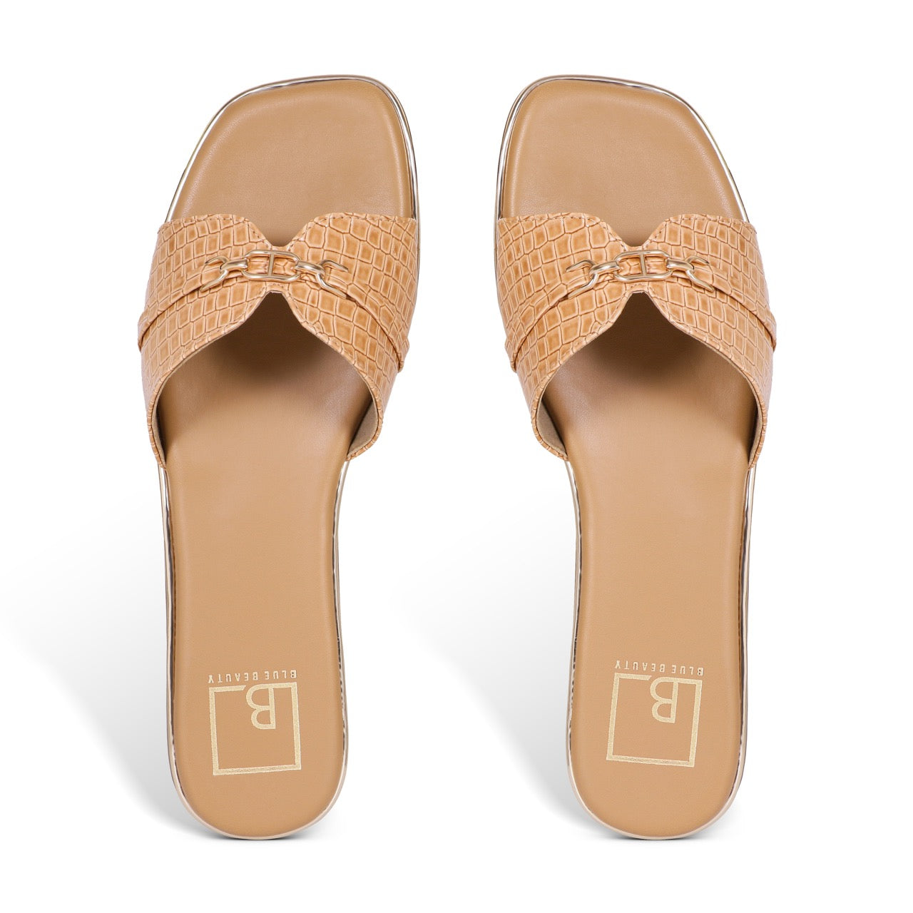 Croc-Texture Slip-On Flat Sandals Cream