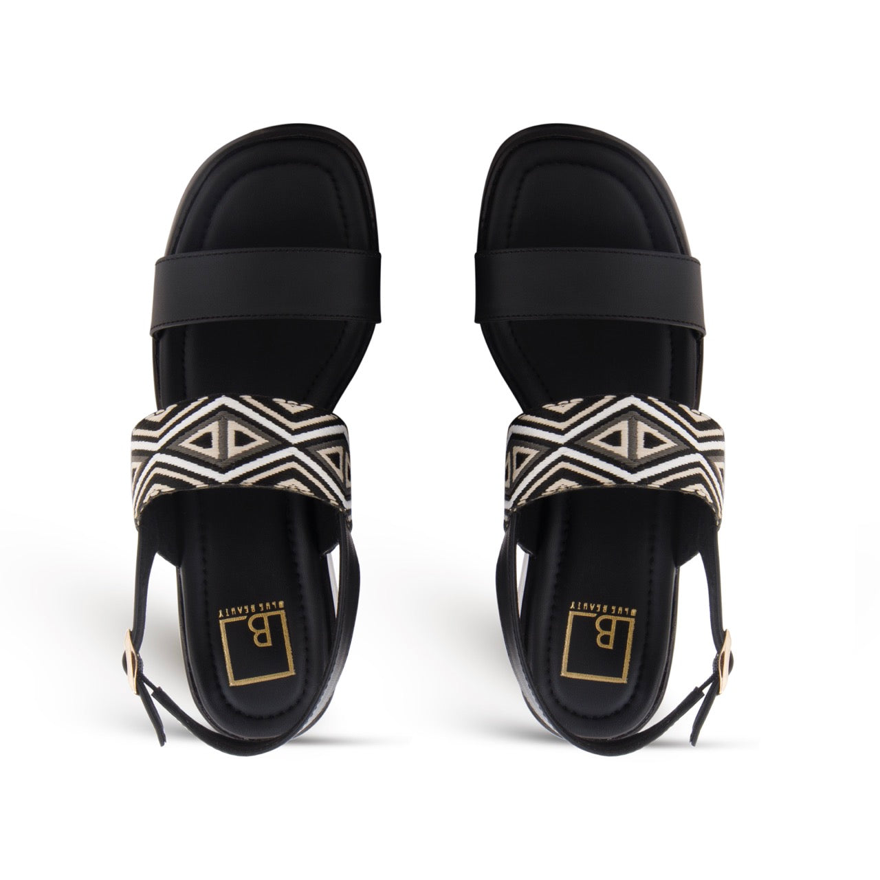 Geometric Pattern Strap Wedges Sandals Black