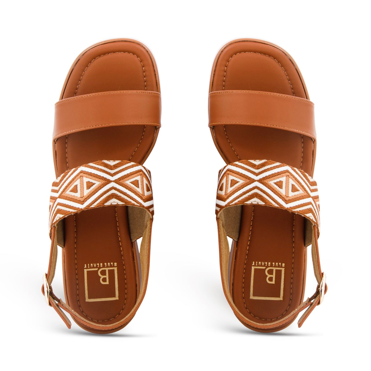 Geometric Pattern Strap Wedges Sandals Tan