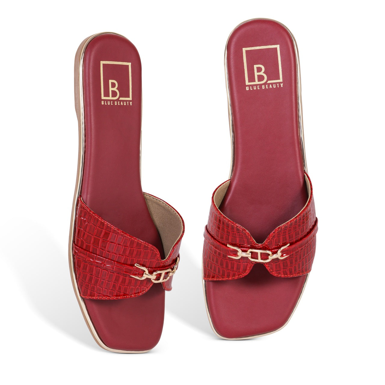 Croc-Texture Slip-On Flat Sandals Maroon