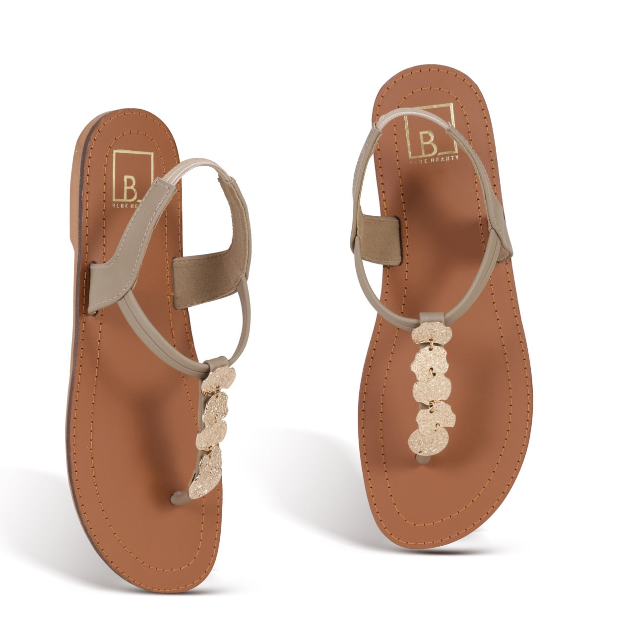 Embellished T-Strap Flat Sandals Gold