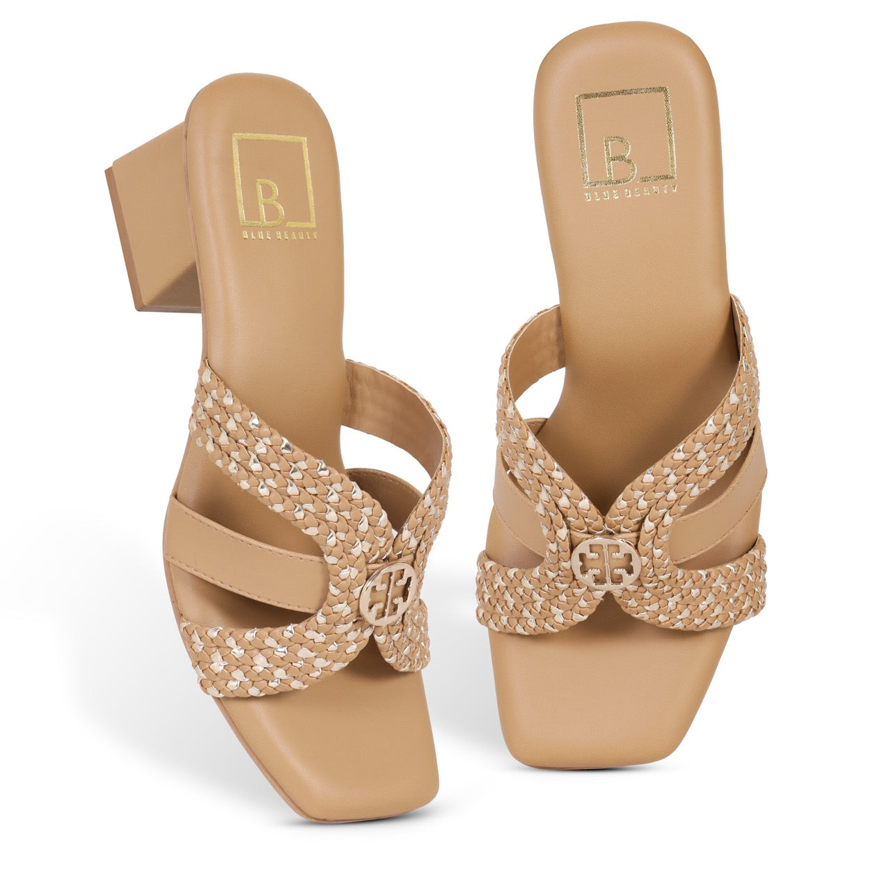 Woven Block Heels with Buckle Accent Beige