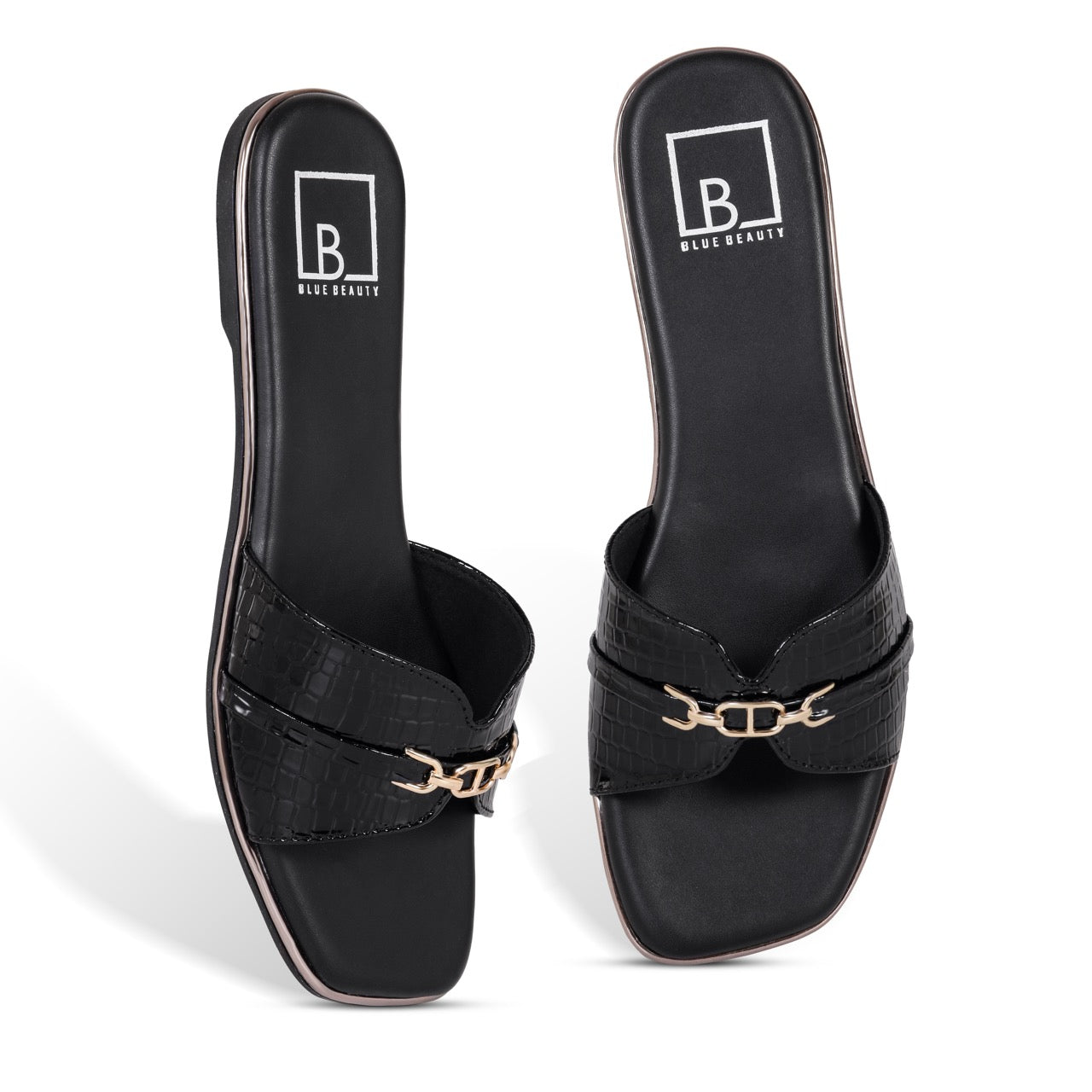 Croc-Texture Slip-On Flat Sandals Black