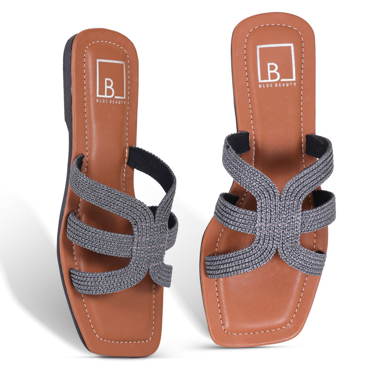 Woven Strap Square-Toe Flat Sandals Grey