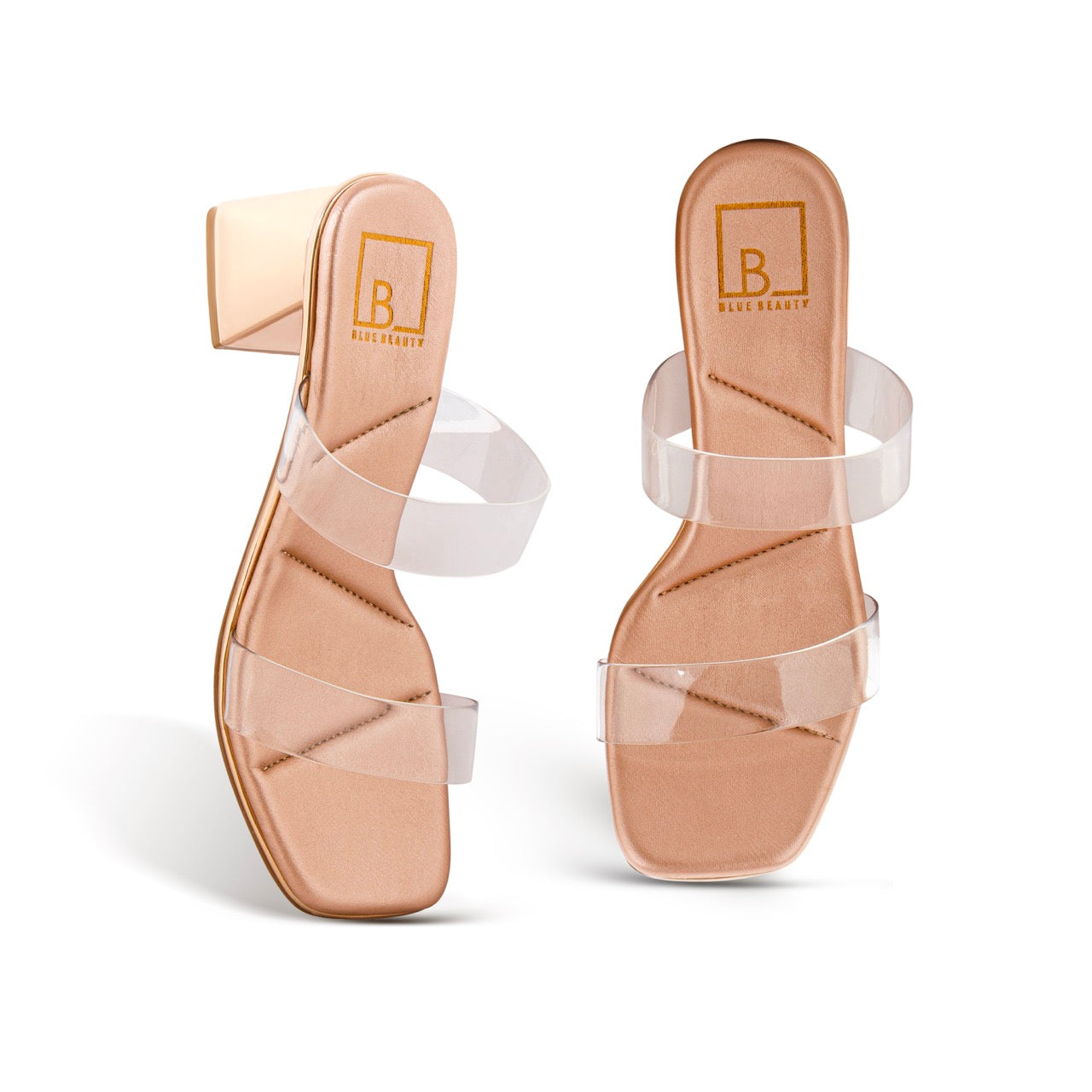 Trendy Transparent Strap Block Heels Rose Gold