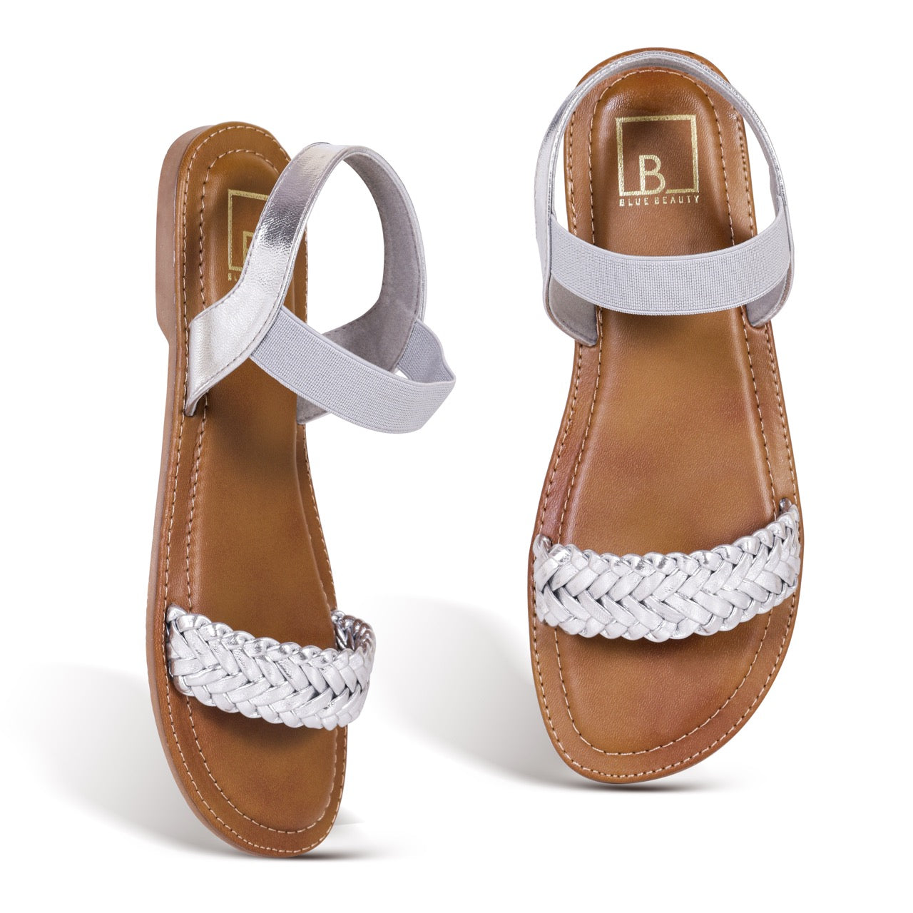 Braided Strap Flat Sandals Silver
