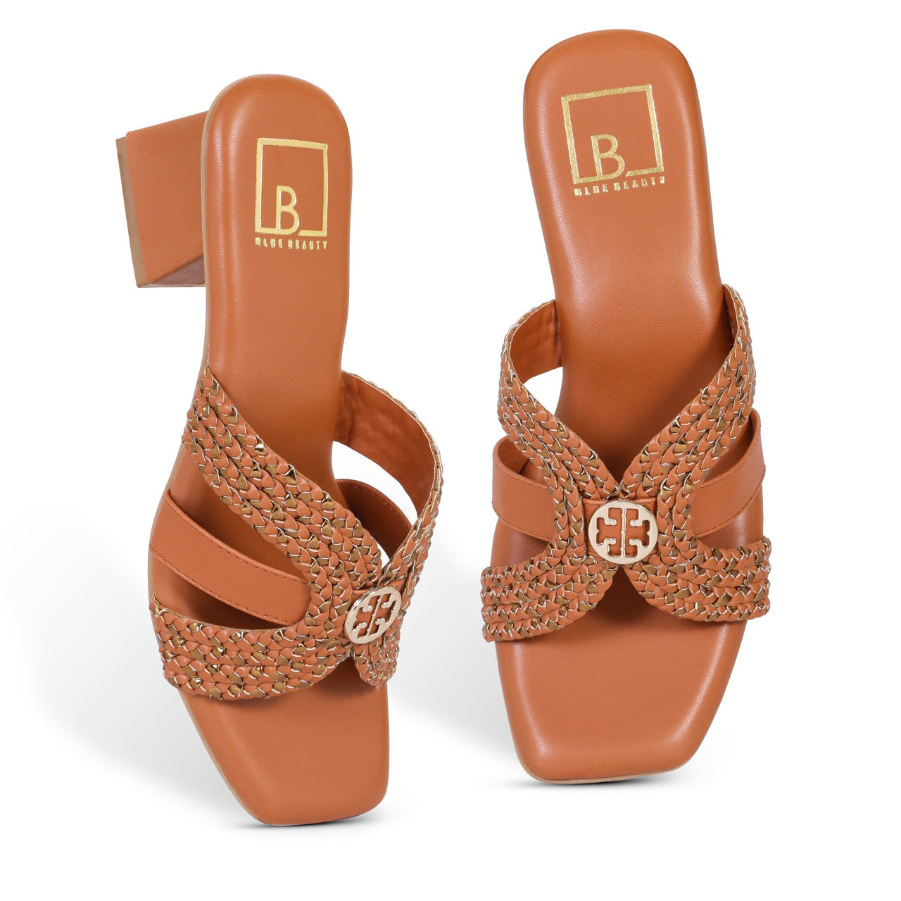 Woven Block Heels with Buckle Accent Tan