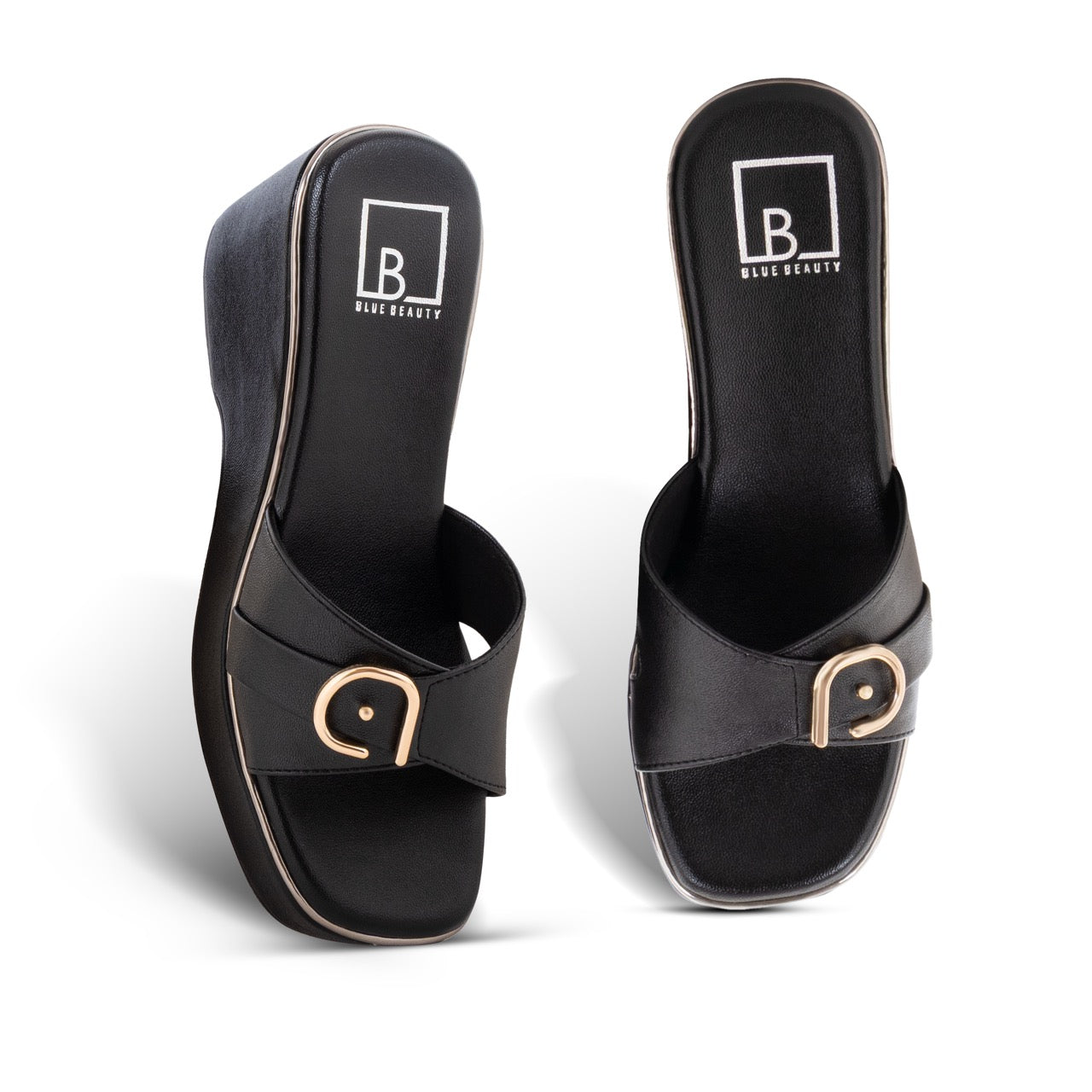 Elegant Wedge Sandals Buckle Detail Black