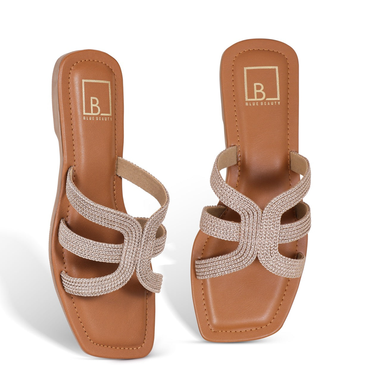 Woven Strap Square-Toe Flat Sandals Rose Gold
