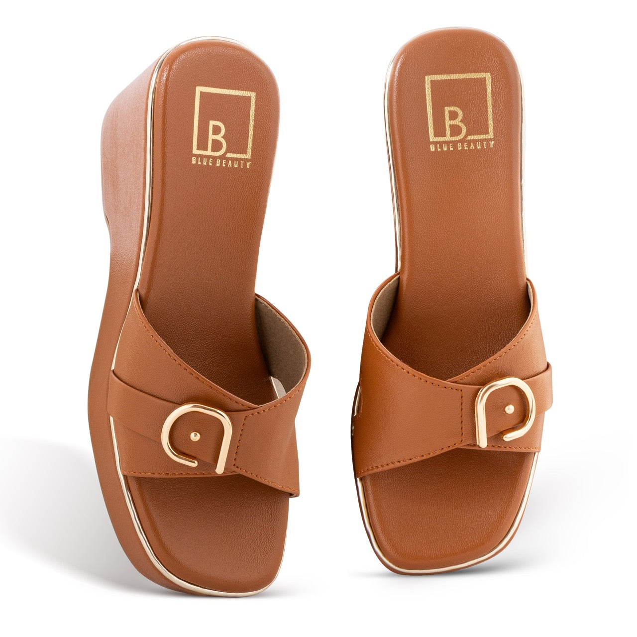 Elegant Wedge Sandals Buckle Detail Tan