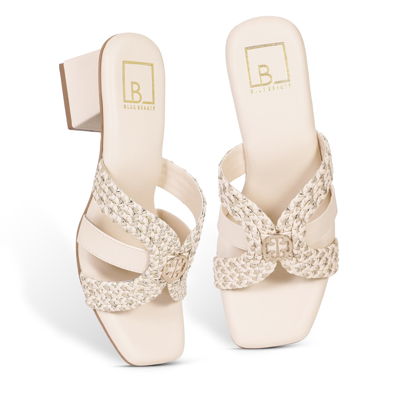 Woven Block Heels with Buckle Accent Cream