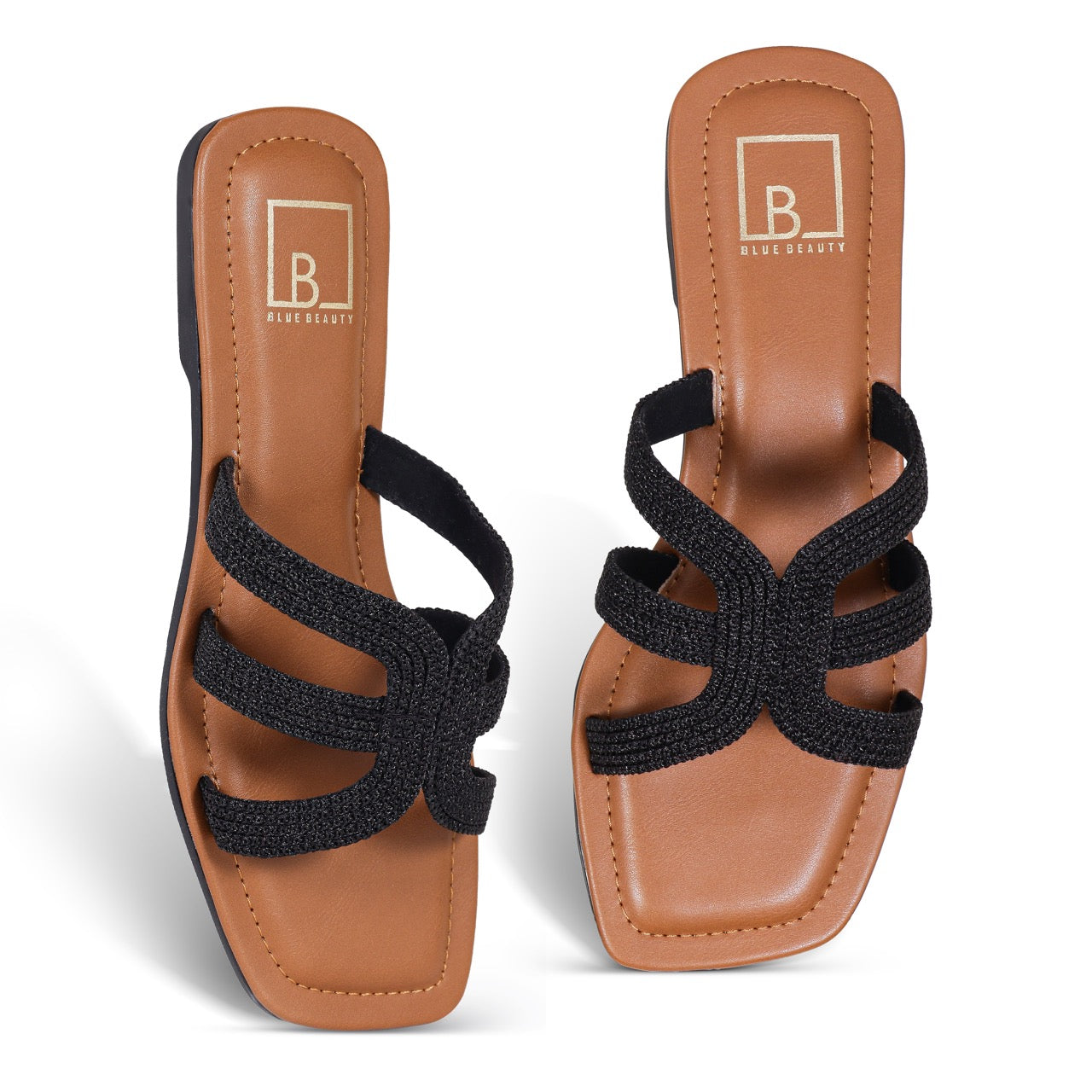 Woven Strap Square-Toe Flat Sandals Black