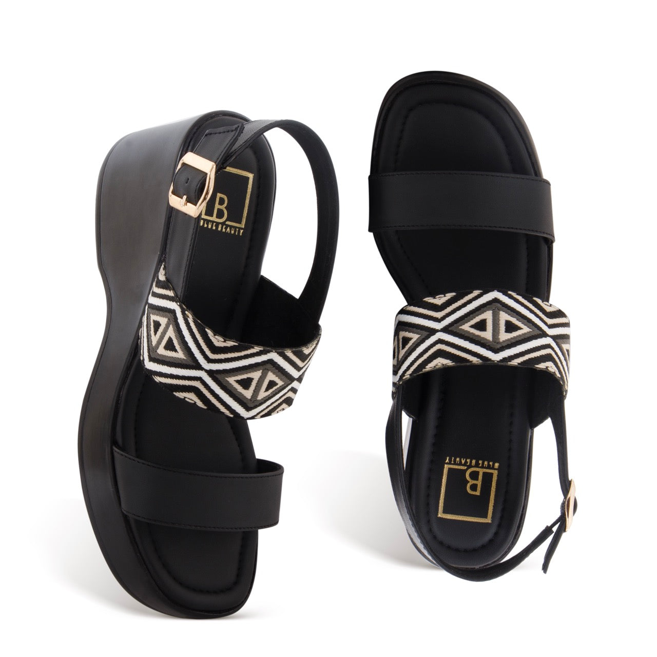 Geometric Pattern Strap Wedges Sandals Black