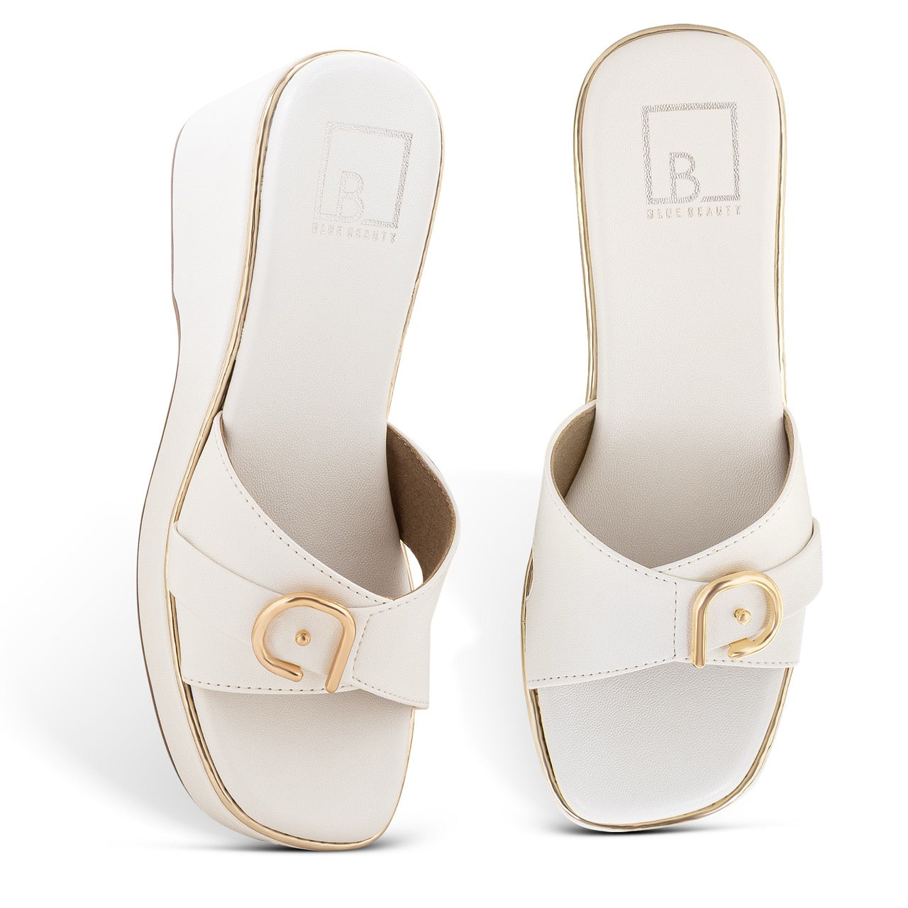 Elegant Wedge Sandals Buckle Detail White