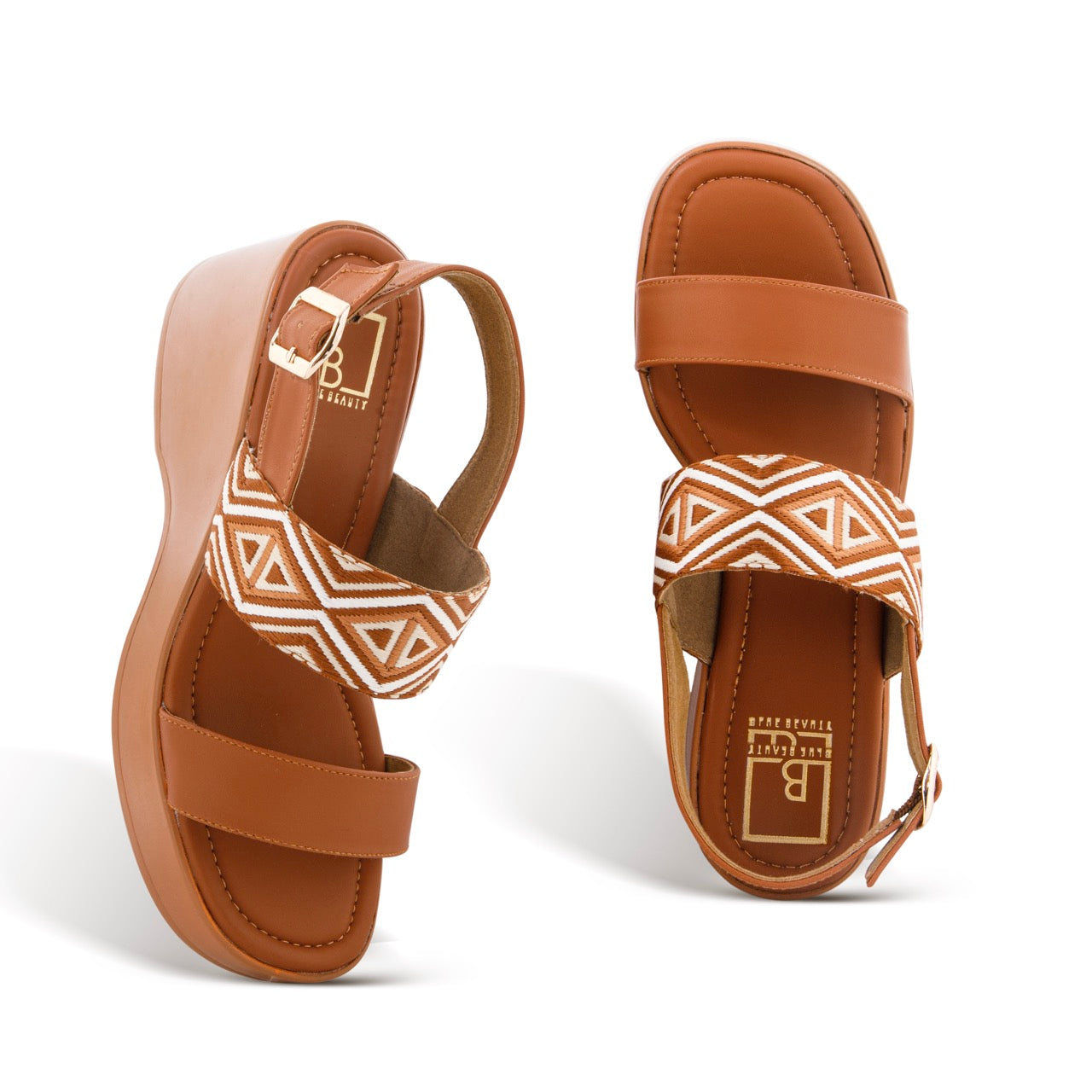 Geometric Pattern Strap Wedges Sandals Tan