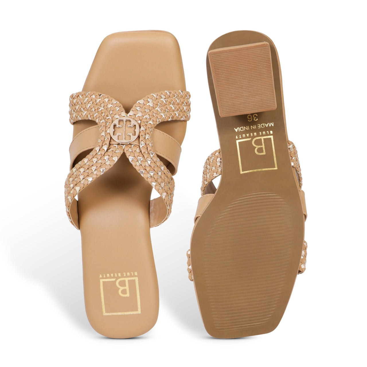 Woven Block Heels with Buckle Accent Beige
