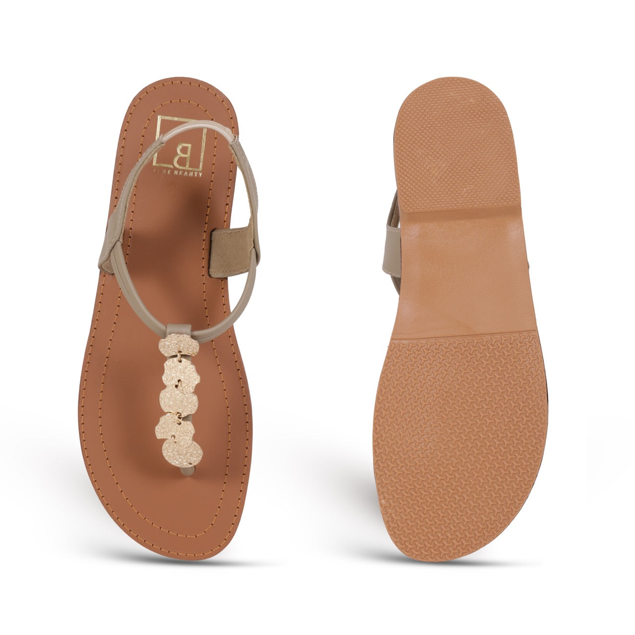 Embellished T-Strap Flat Sandals Gold