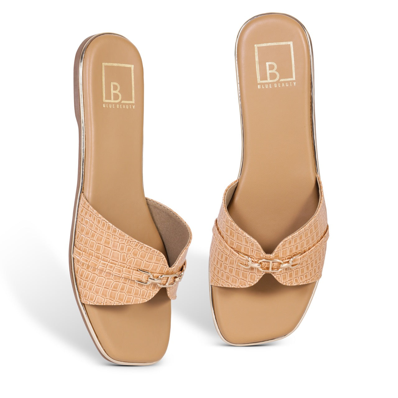 Croc-Texture Slip-On Flat Sandals Cream