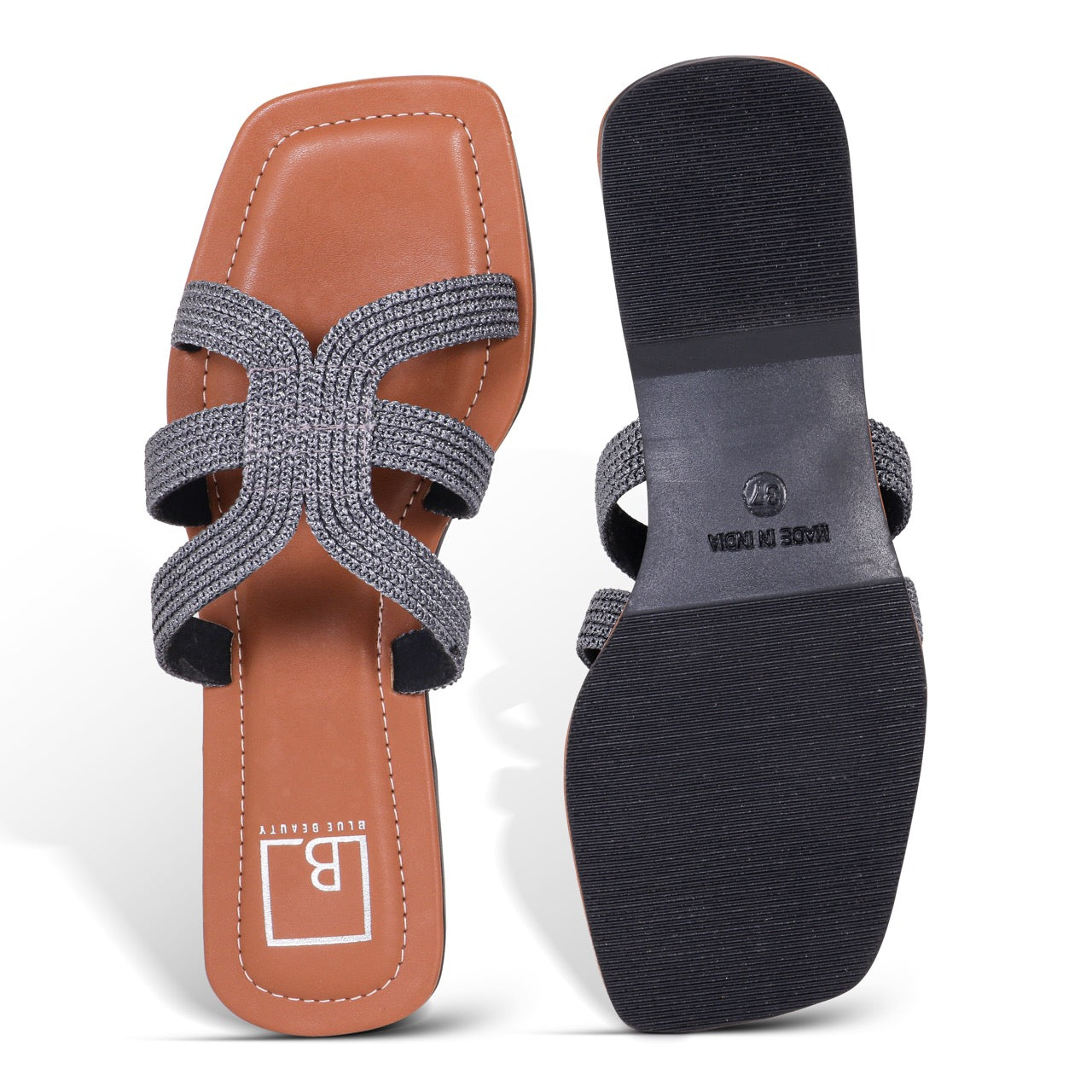 Woven Strap Square-Toe Flat Sandals Grey