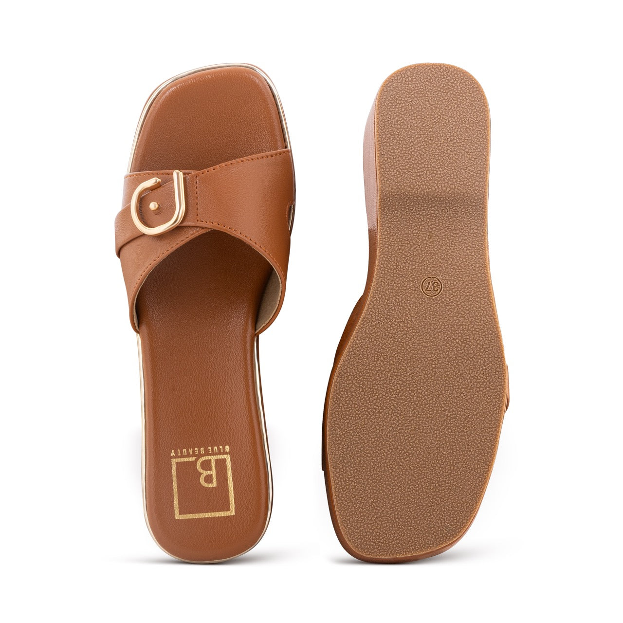 Elegant Wedge Sandals Buckle Detail Tan