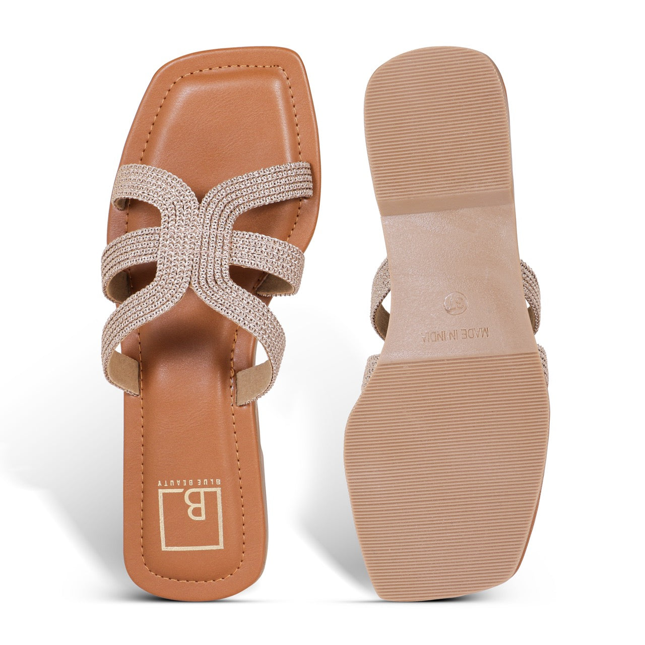 Woven Strap Square-Toe Flat Sandals Rose Gold