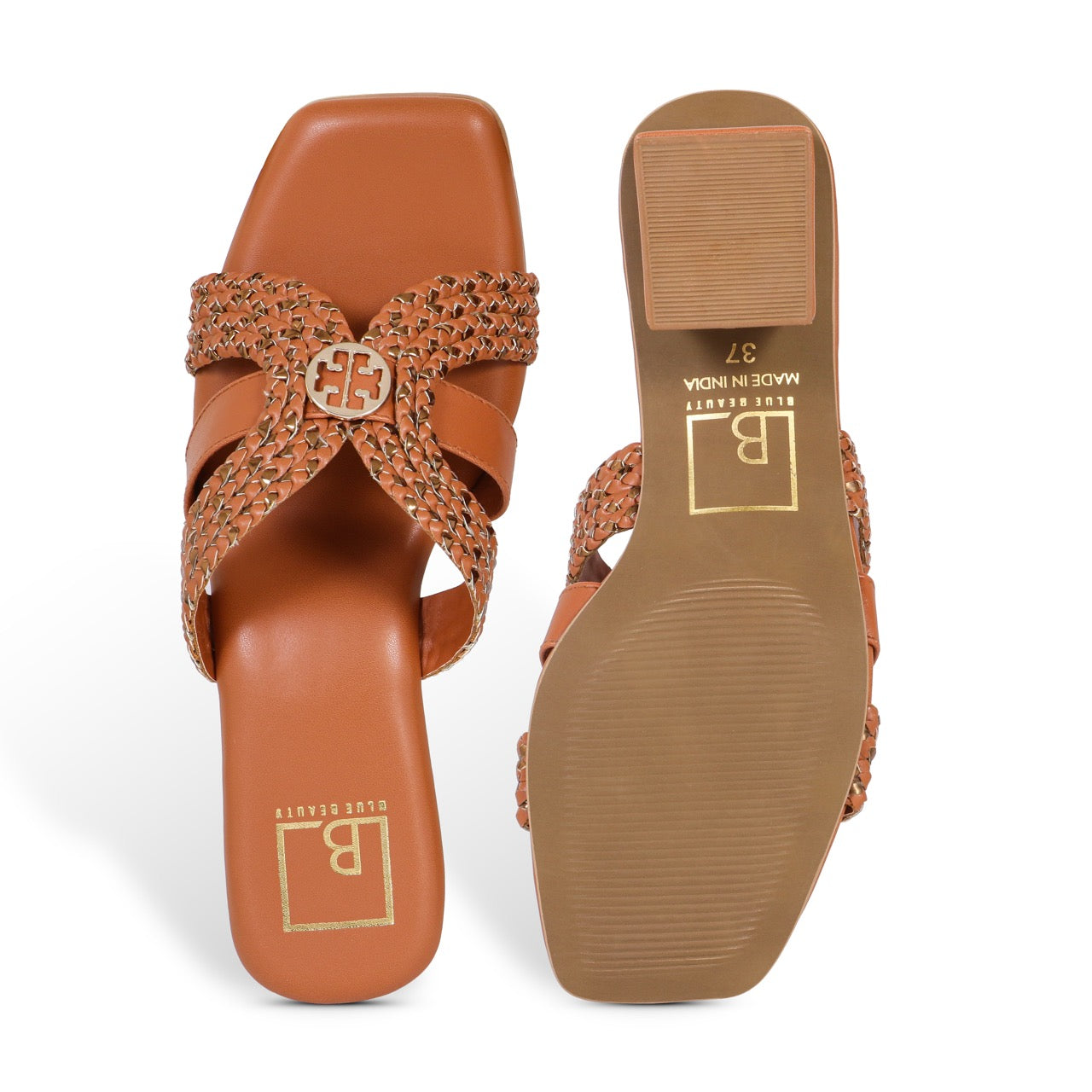 Woven Block Heels with Buckle Accent Tan