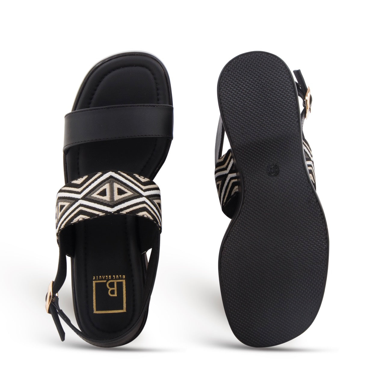 Geometric Pattern Strap Wedges Sandals Black