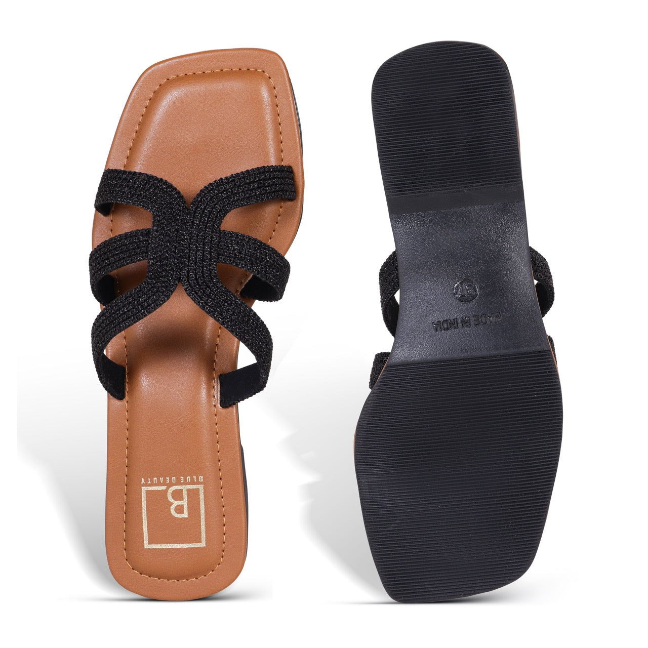 Woven Strap Square-Toe Flat Sandals Black