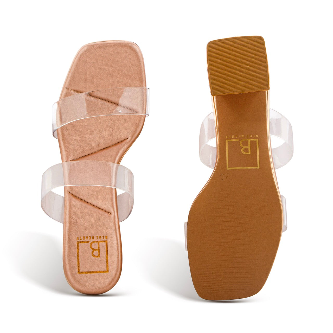 Trendy Transparent Strap Block Heels Rose Gold