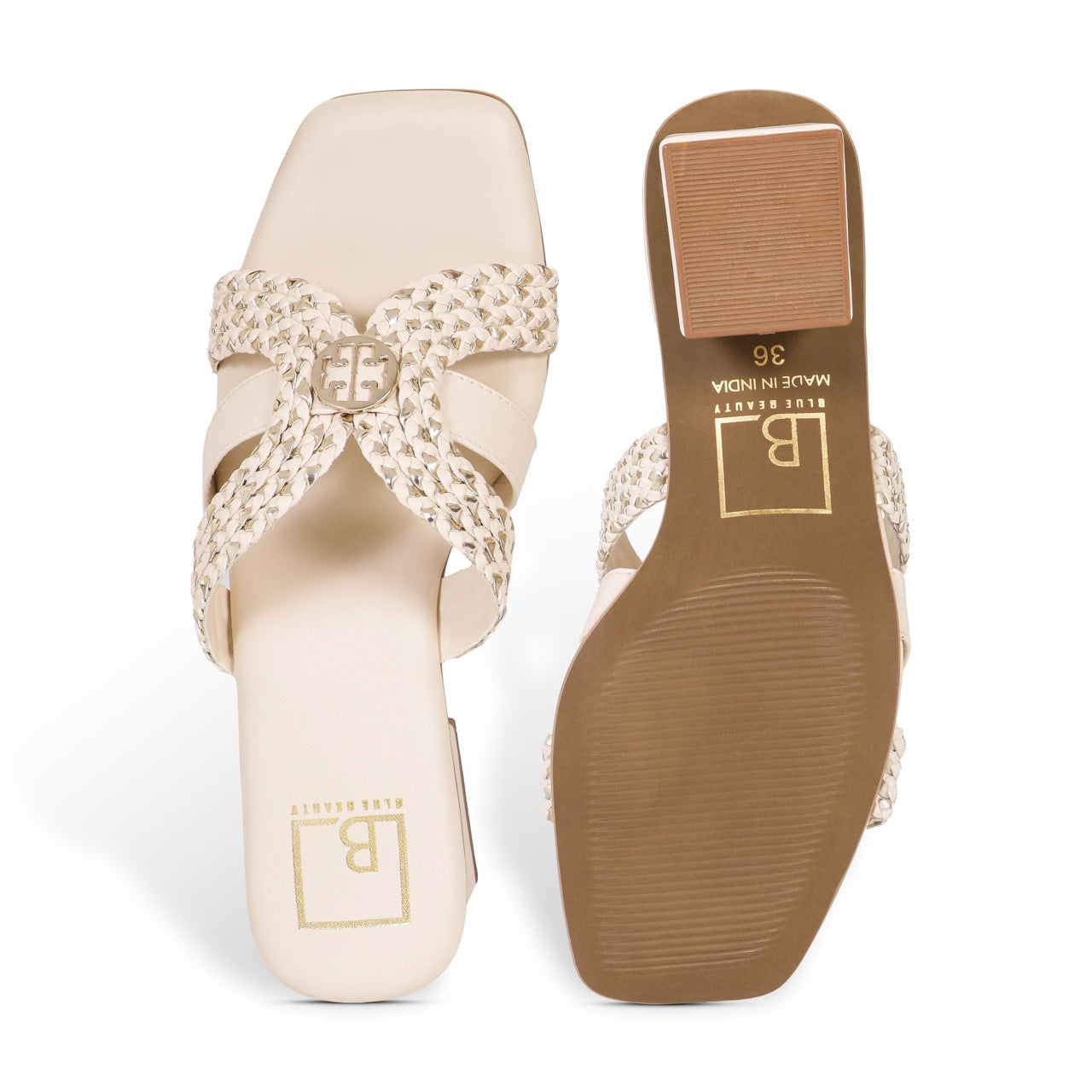 Woven Block Heels with Buckle Accent Cream