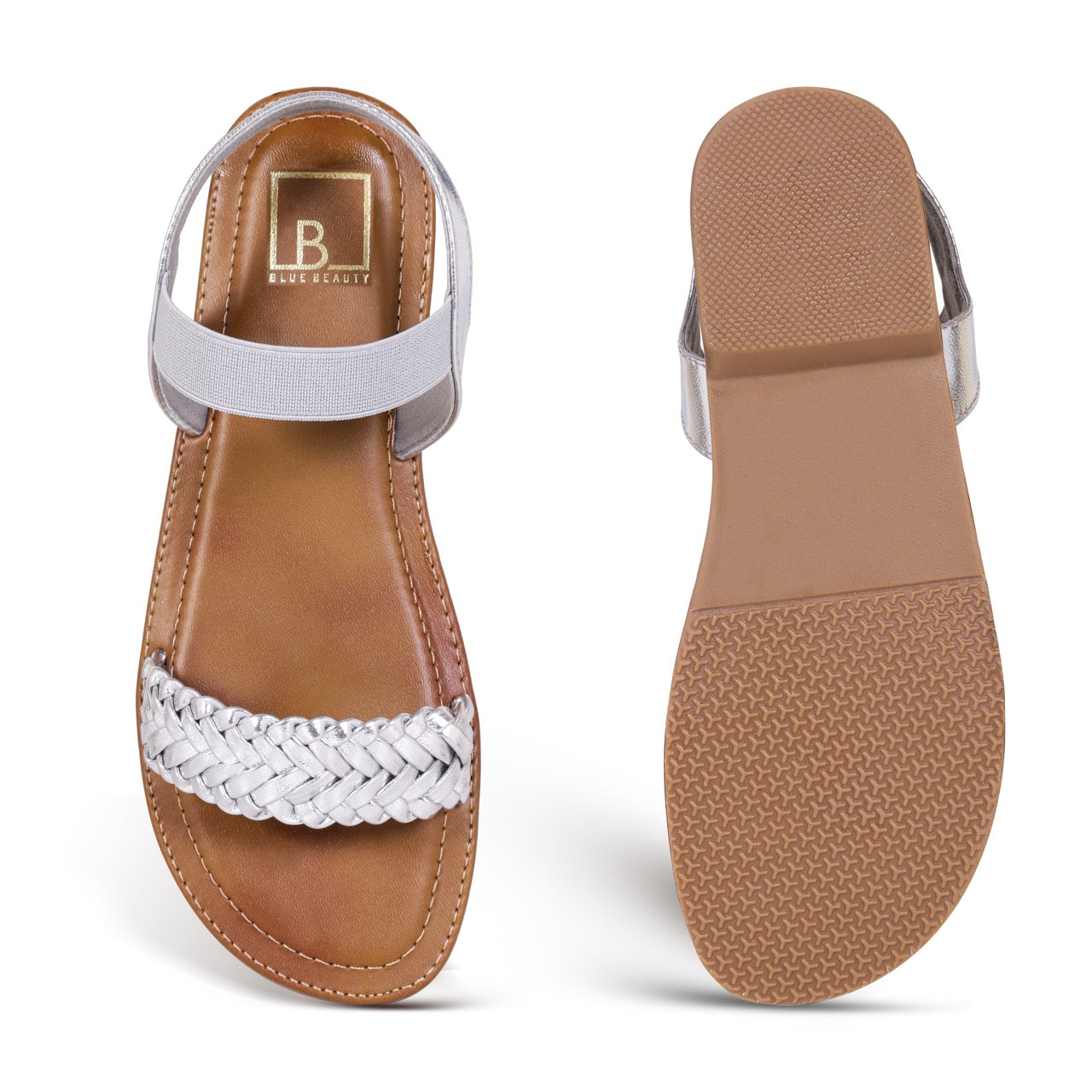Braided Strap Flat Sandals Silver