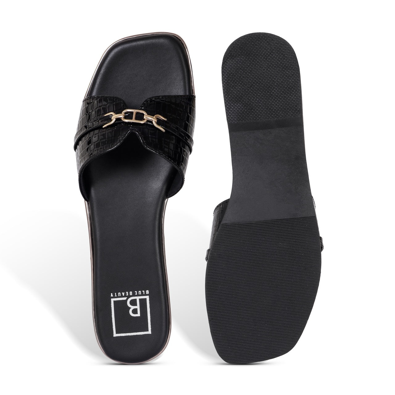 Croc-Texture Slip-On Flat Sandals Black