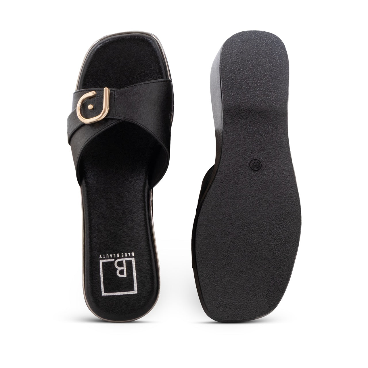 Elegant Wedge Sandals Buckle Detail Black