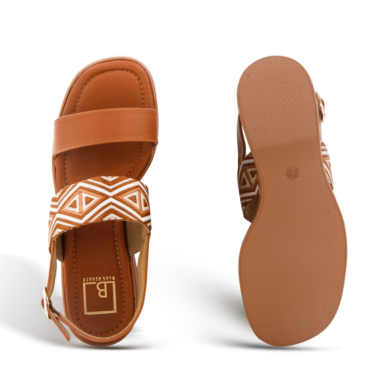 Geometric Pattern Strap Wedges Sandals Tan