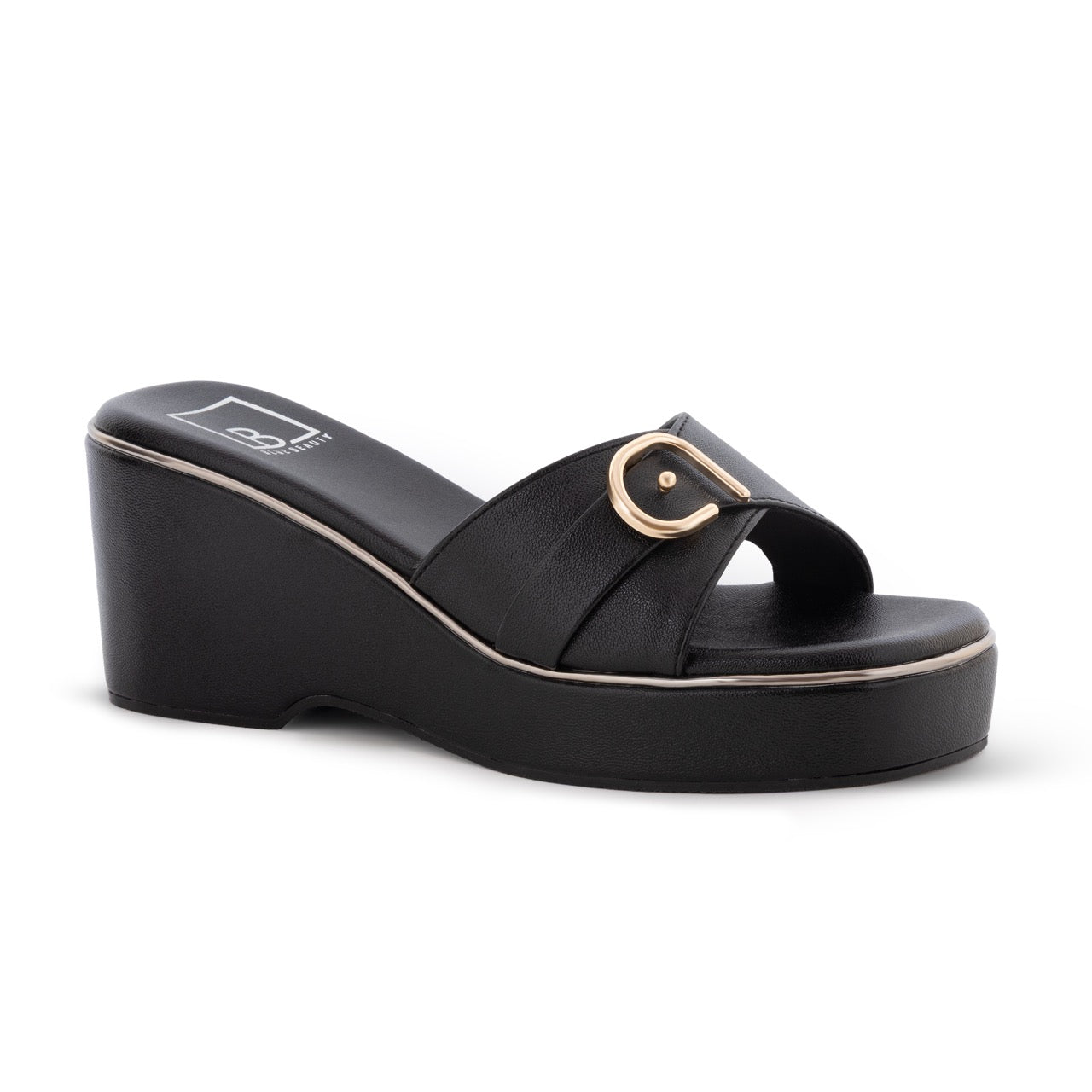 Elegant Wedge Sandals Buckle Detail Black