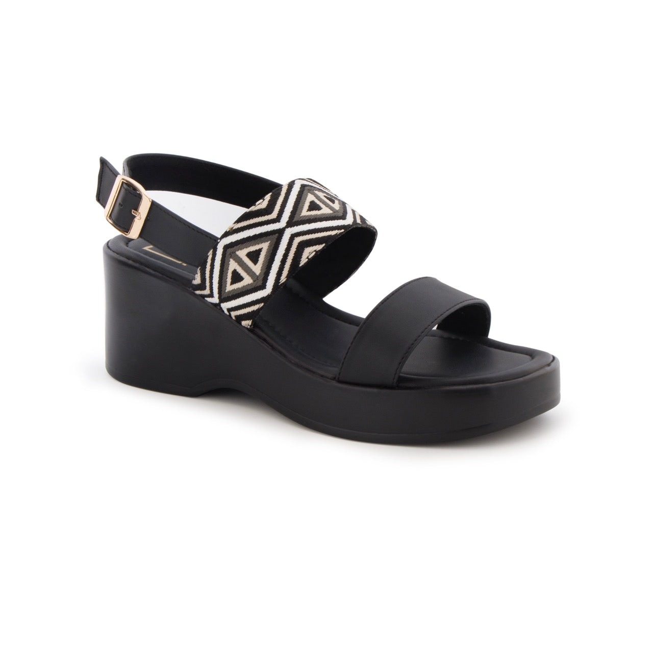 Geometric Pattern Strap Wedges Sandals Black