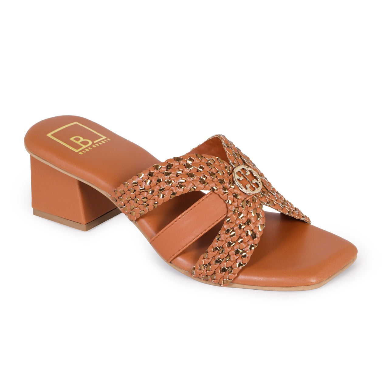 Woven Block Heels with Buckle Accent Tan