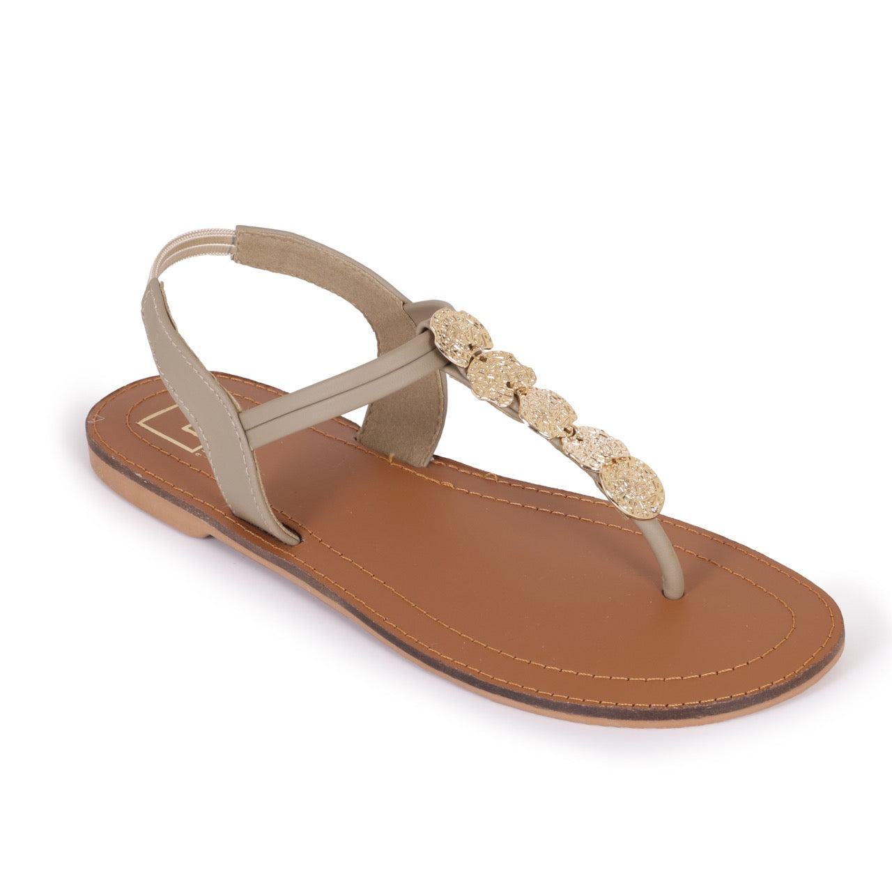 Embellished T-Strap Flat Sandals Gold