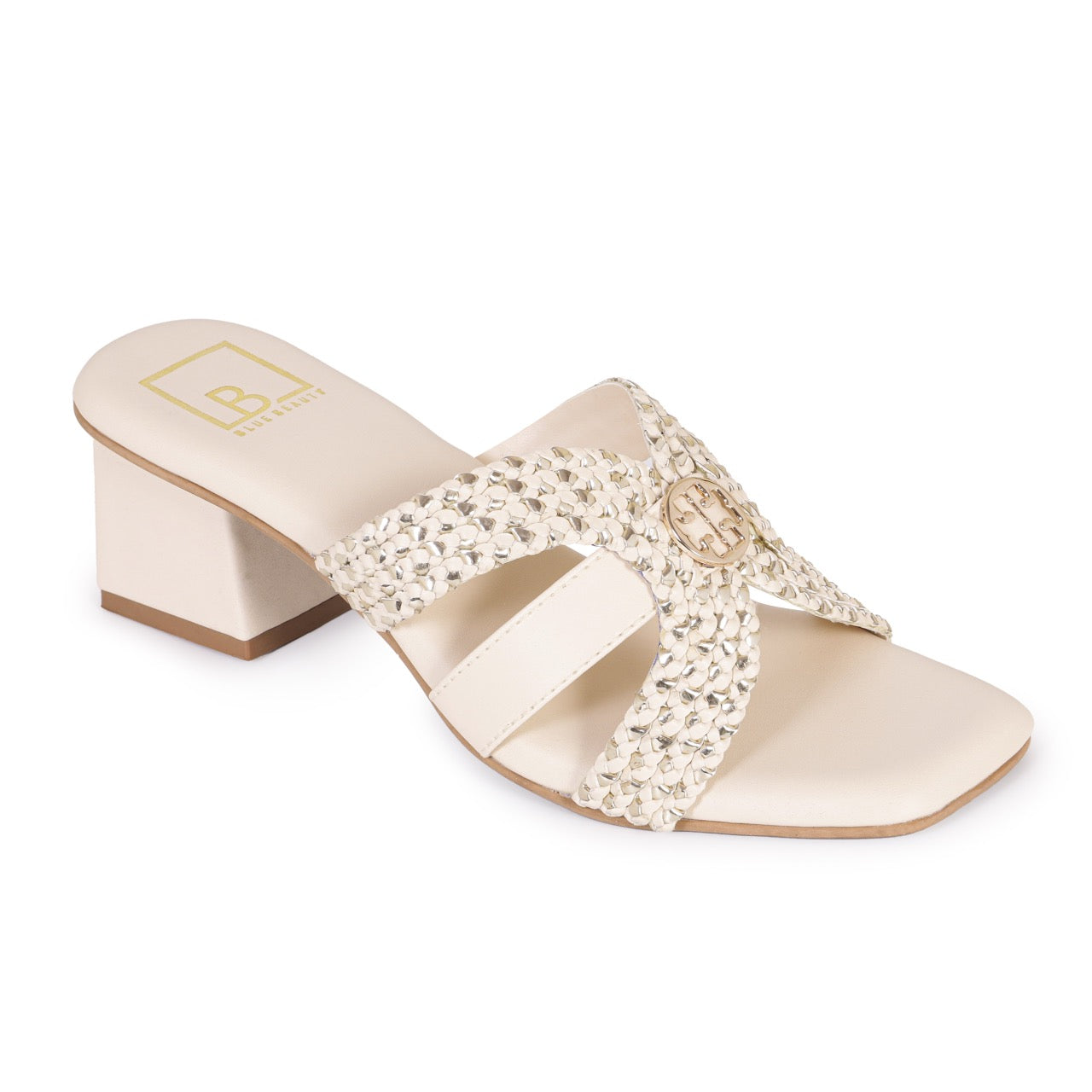 Woven Block Heels with Buckle Accent Cream