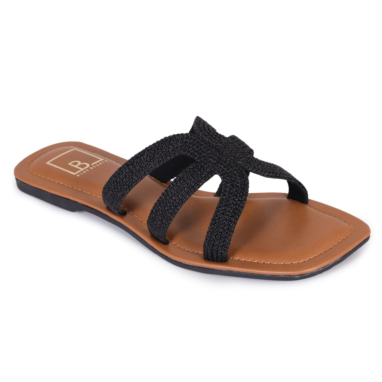 Woven Strap Square-Toe Flat Sandals Black