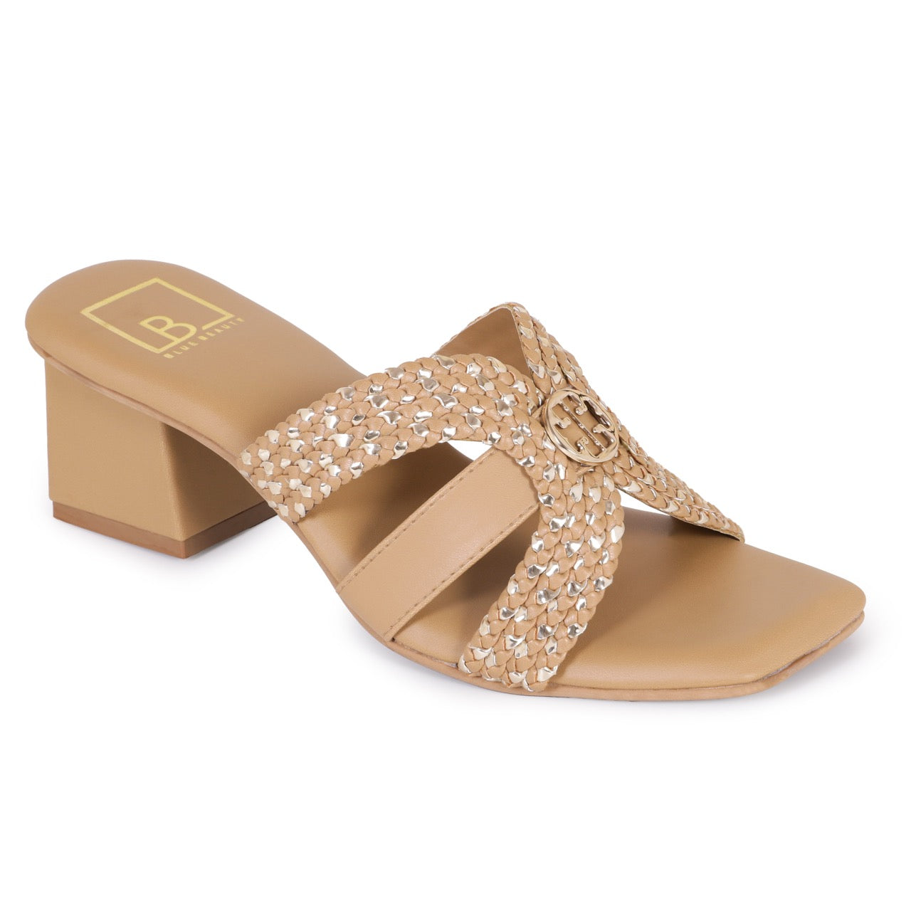 Woven Block Heels with Buckle Accent Beige