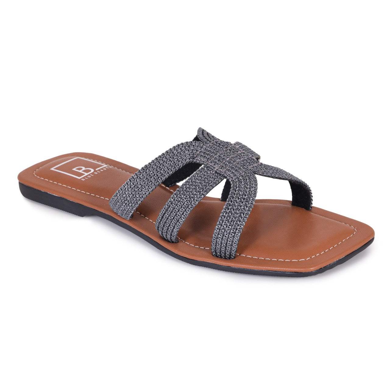 Woven Strap Square-Toe Flat Sandals Grey