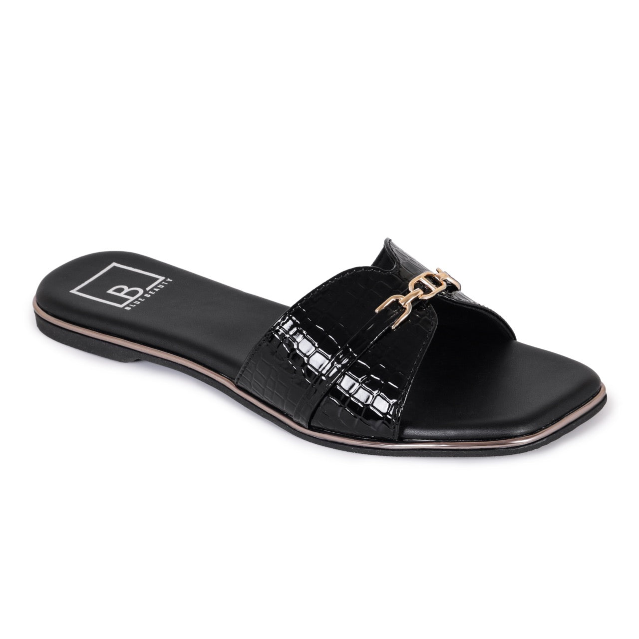 Croc-Texture Slip-On Flat Sandals Black