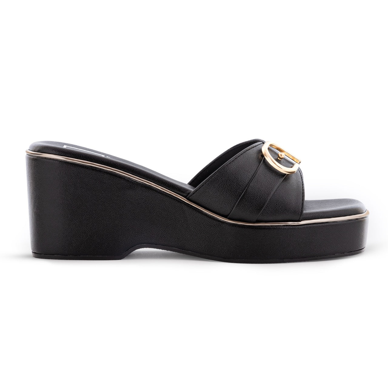 Elegant Wedge Sandals Buckle Detail Black